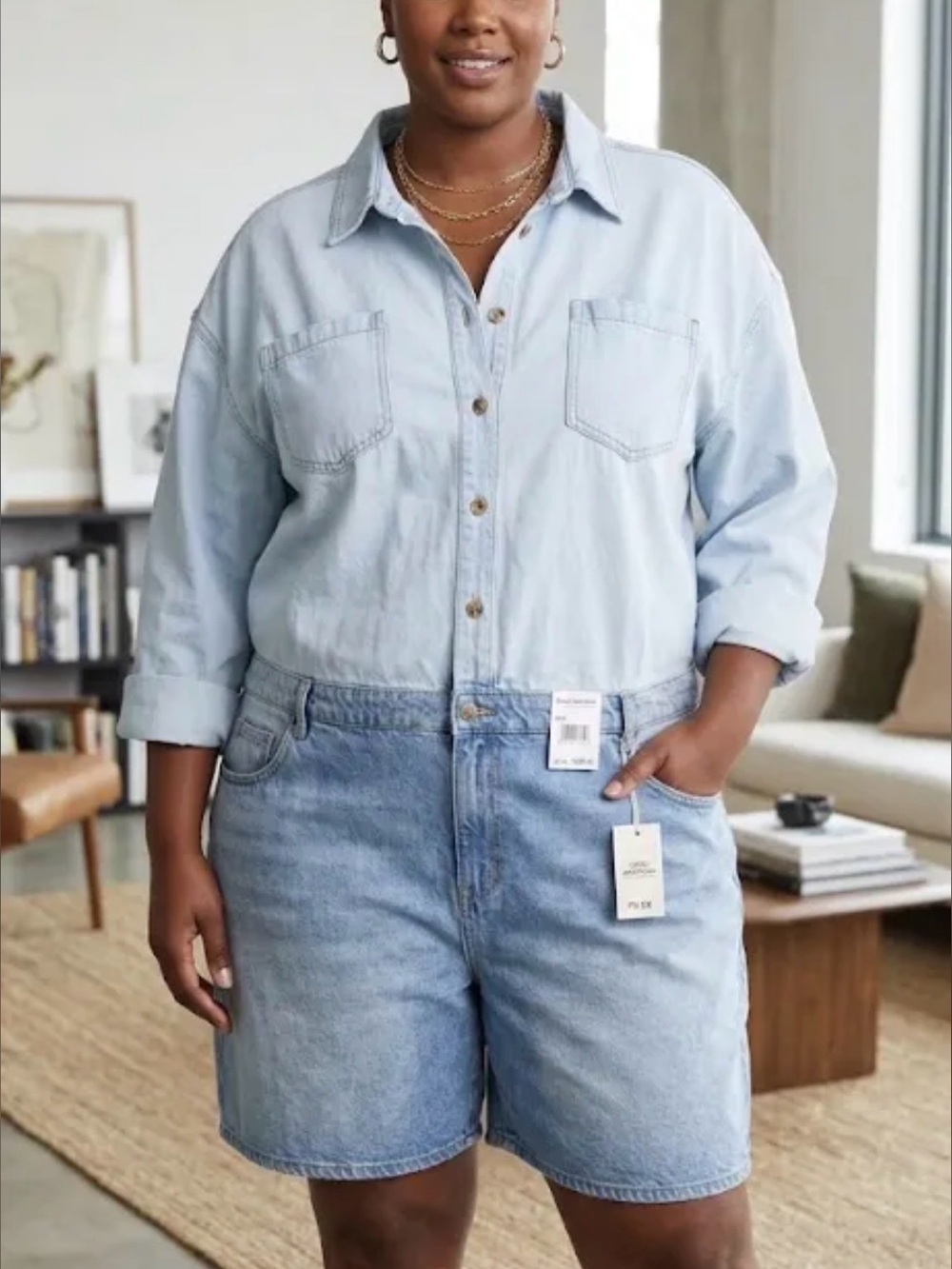 Good American Light Blue Denim Boyfriend Shorts